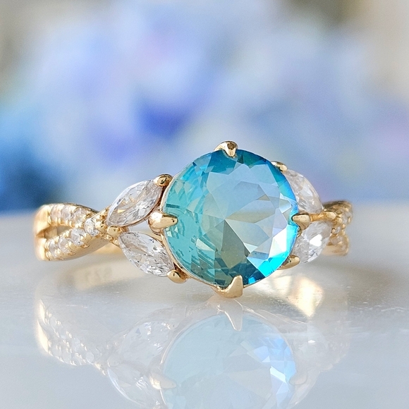 Gold and Aquamarine  Blue and Teal Gemstone Ring Set, 925 Sterling Silver - Picture 6 of 6